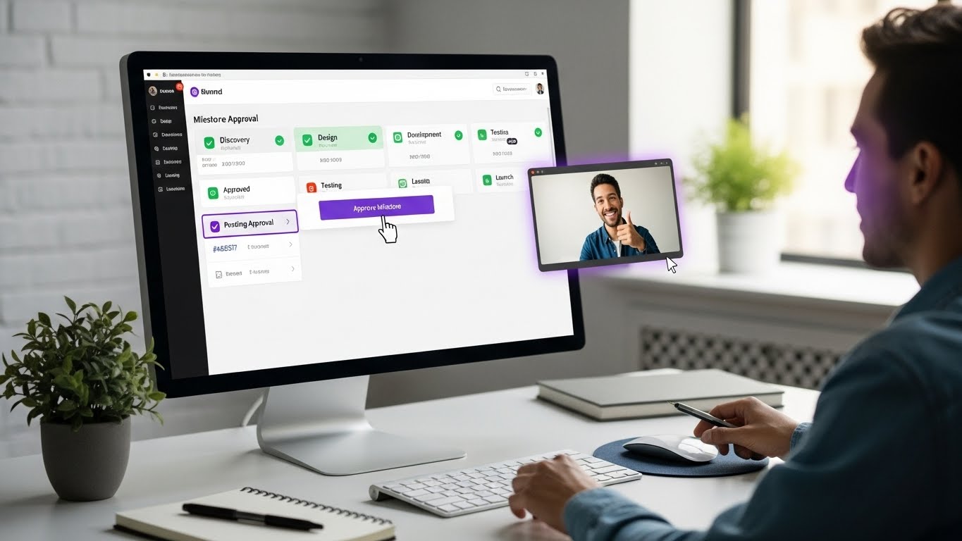 Project milestone approval workflow showing completed phases and client sign-off